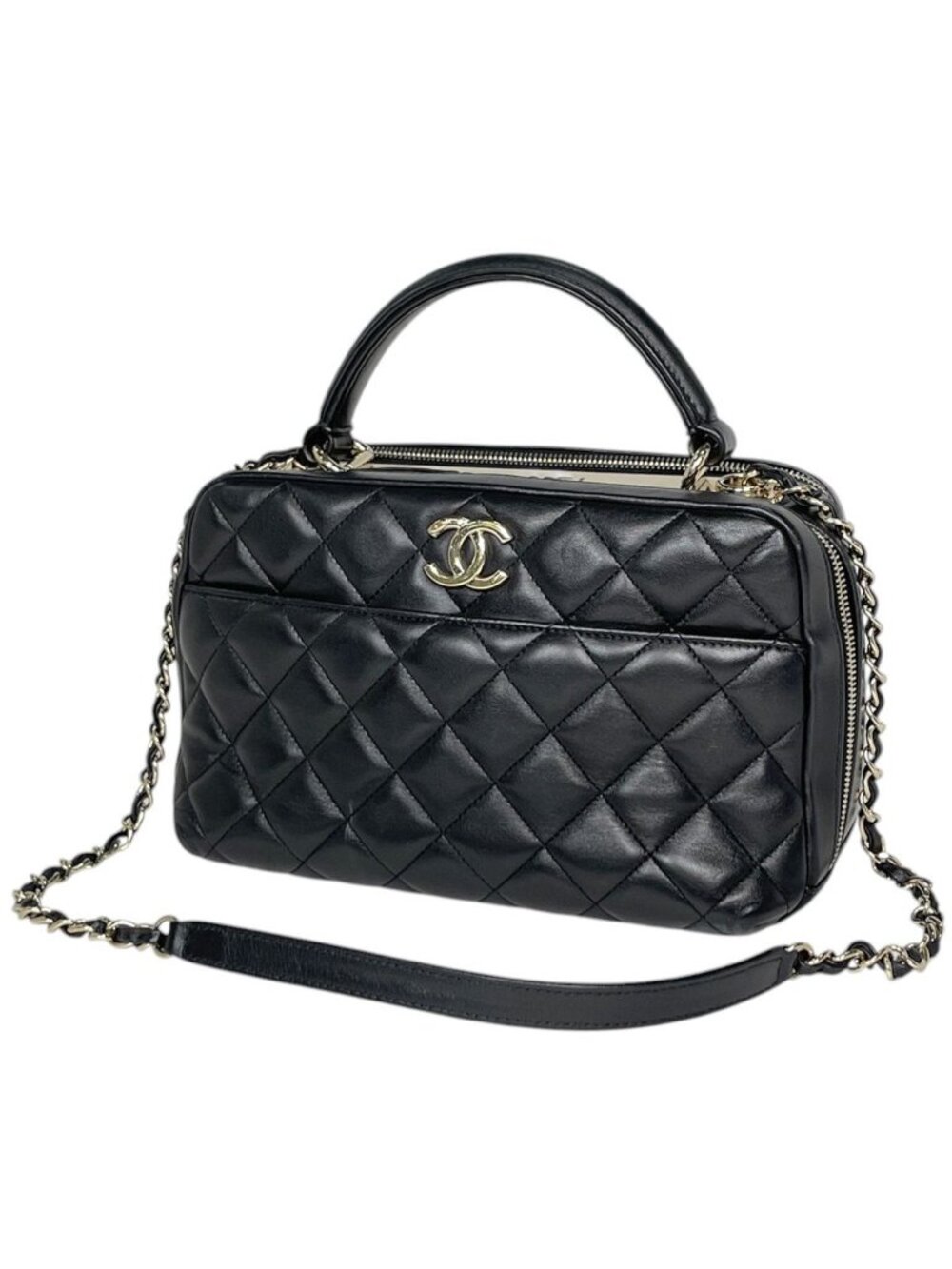 Chanel CC Logo Bowling Bag 2-Way Leather Black
